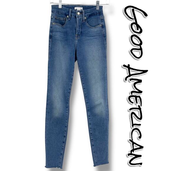 Good American Good Legs Skinny Jeans Mid Rise Raw Hem Stretch Womens Size 0/25 - Picture 1 of 10